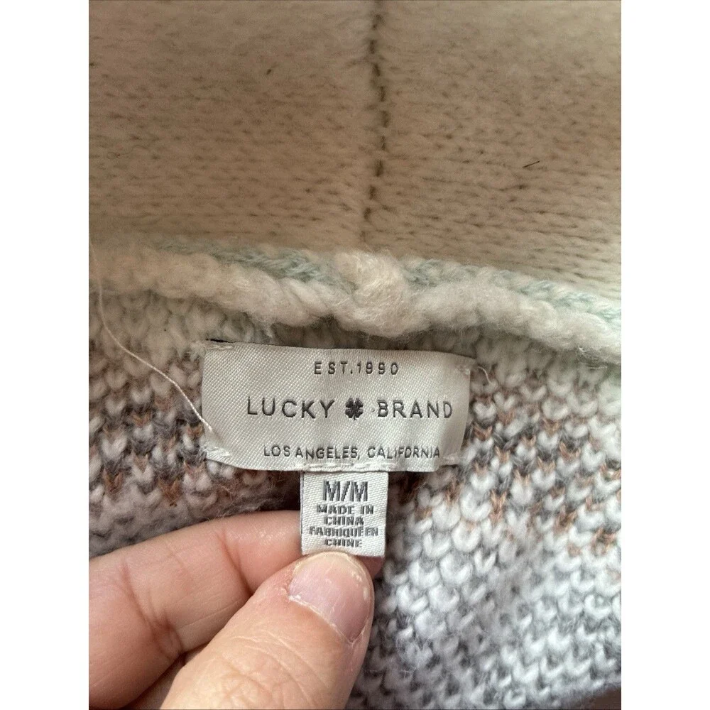 LUCKY BRAND Beige Fair Isle Print Open Front Tie Cardigan Sweater Womens size M - Picture 10 of 13